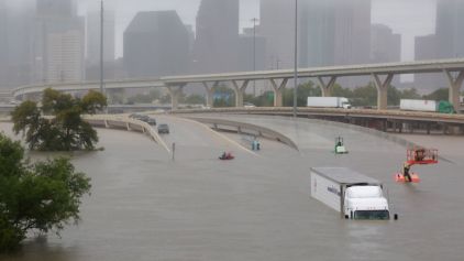 Submerged freeways from the effects of Hurricane Harvey are seen during widespread flooding in Houston